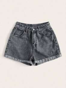 Shorts vaqueros de tiro alto enrollados para verano - Gris Claro - Ver 1