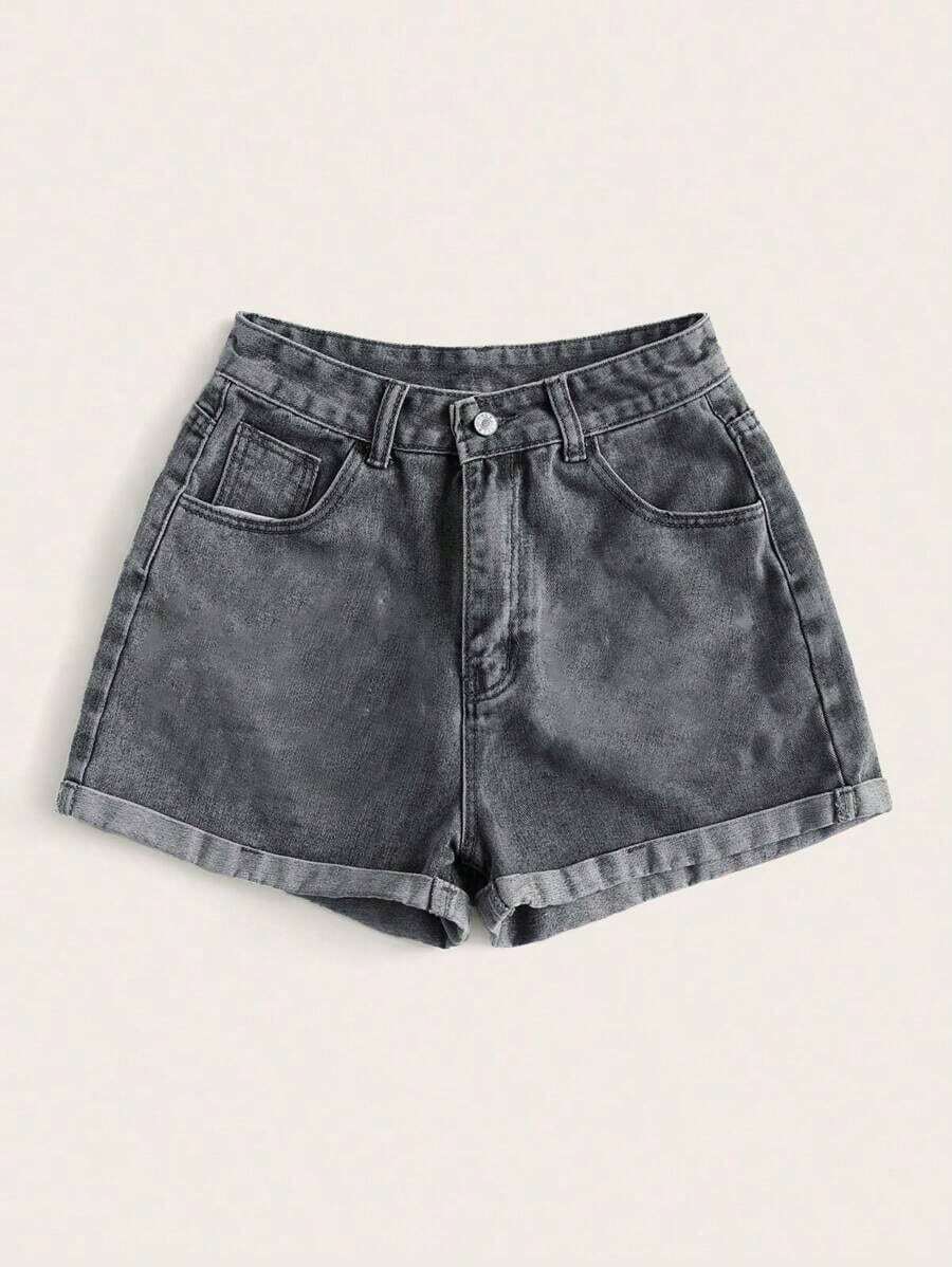 Shorts vaqueros de tiro alto enrollados para verano - Gris Claro - Ver 1