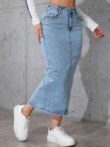 Falda vaquera de tubo casual con abertura elástica para mujer, Orgullo 4 de julio para mujer, Atuendos para maestras, Atuendos de vacaciones Vacay Primavera - Azul - Ver 1