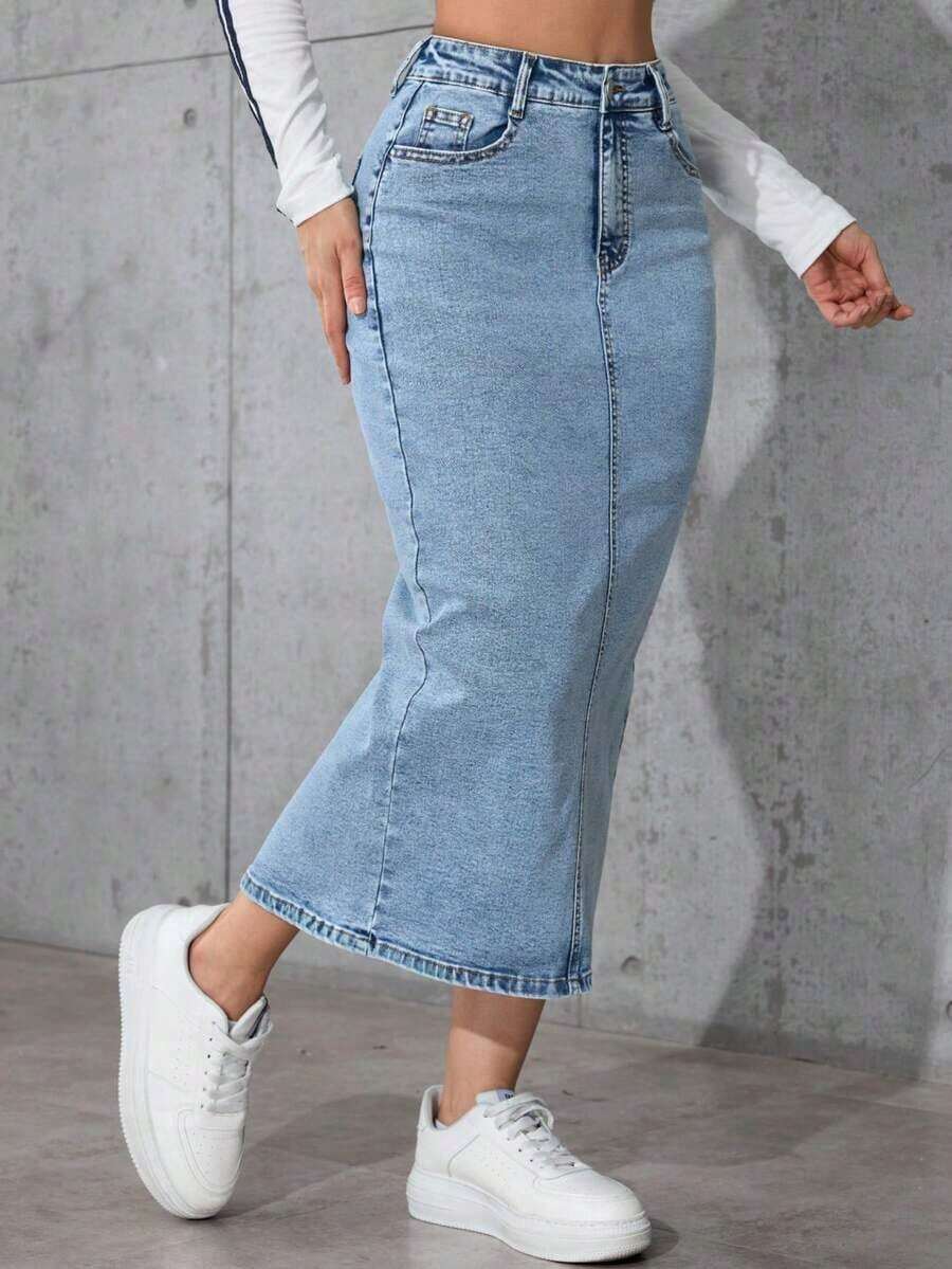 Falda vaquera de tubo casual con abertura elástica para mujer, Orgullo 4 de julio para mujer, Atuendos para maestras, Atuendos de vacaciones Vacay Primavera - Azul - Ver 1
