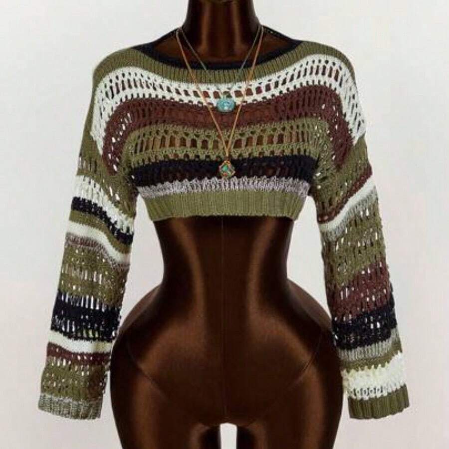 Striped Pattern Drop Shoulder Crop Sweater,Long Sleeve Tops - Multicolor - Ver 1
