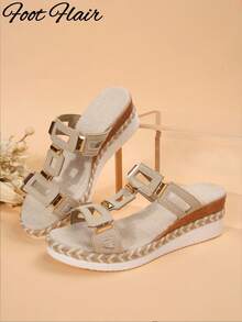 Foot Flair Women's Plus Size Fashion Retro Open Toe Rope Sole Sandals, Geometric Pattern Bohemian Vintage Chic Rivet Decor Thick Sole Sandals, Suitable For Weddings, Parties, Vacations, Summer And Other Occasions, Women's Wedge Thick Sole Sandals - Beige - View 7