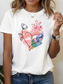Women's T-Shirt 2026 With Watercolor Floral Heart Design, Floral Heart Print, Casual, Short Sleeve, Pink And Blue, Soft, Cool, Light And Sweet Style For Everyday Wear - 白色 - 查看 7
