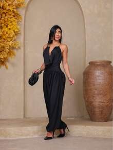 Women's  Jumpsuit With Draped Neckline, Low Waist, Bow, Open Back, Luxurious And Sophisticated. - 黑色 - 查看 1