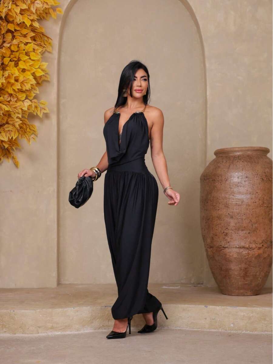Women's Jumpsuit With Draped Neckline, Low Waist, Bow, Open Back, Luxurious And Sophisticated. - 黑色 - 查看 1