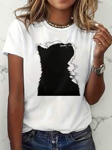 Camiseta de gato negro minimalista de las mujeres - Top de cuello redondo de manga corta con impresión de la silueta del gatito, estiramiento medio adecuado para el verano, traje casual y regalos del amante del gato, estilo de blusa lavable a la máquina para diseños no - Blanco - Ver 2