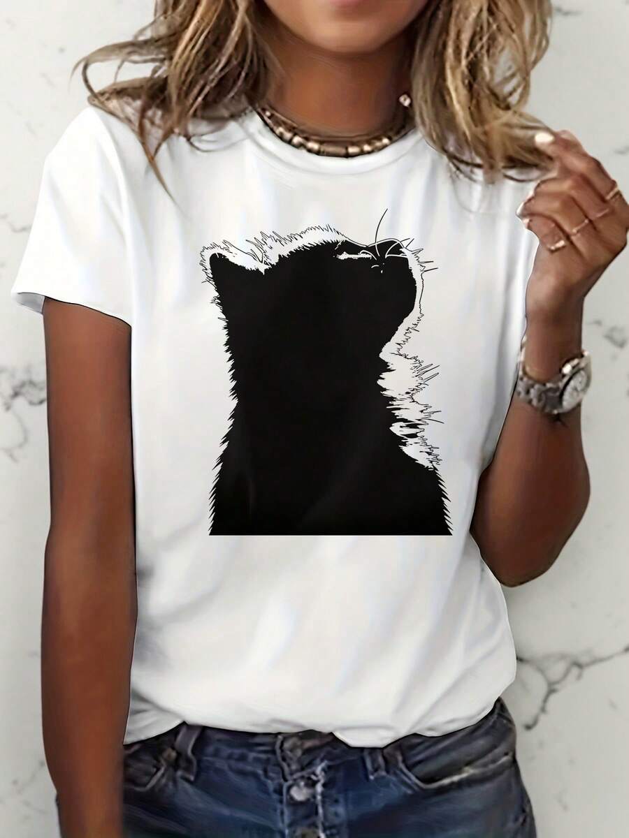 Camiseta de gato negro minimalista de las mujeres - Top de cuello redondo de manga corta con impresión de la silueta del gatito, estiramiento medio adecuado para el verano, traje casual y regalos del amante del gato, estilo de blusa lavable a la máquina para diseños no
