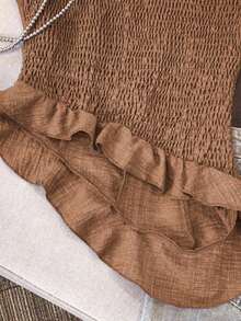 Conjunto de 2 piezas de top elegante con volantes asimétricos en el bajo y pantalones para mujer - Café integral - Ver 3