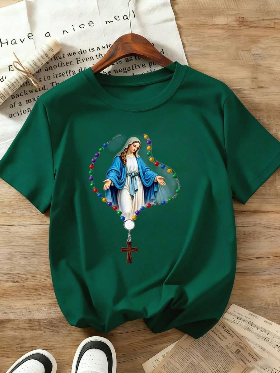 Red T-Shirt With A Feminine Religious Design | 100% Cotton, Comfortable Fabric, Casual And Elegant Clothing, A Perfect Gift For Family And Friends, Suitable For Everyday And Religious Occasions, Round Neck, Short Sleeves. For Summer. - 綠色 - 查看 1