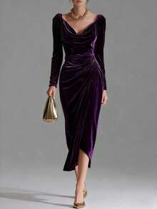 New Women's Long Dress, Made Of Shiny Velvet, Casual And Sexy Style, Long Sleeves, Pleated, Side Slit, Mermaid Cut, Flattering Design, Perfect For Parties And Special Nights - 深紫色 - 查看 9