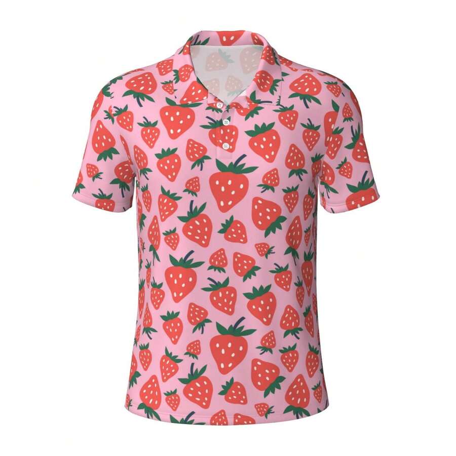 Trendsetter Young Male Strawberry All Over Print Ice Silk Polo Shirt Three-Button Breathable Cool Streetwear Party Wear Summer Daily - Black - View 1