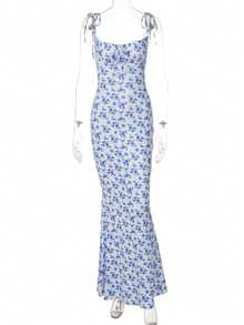 Popular Style Of Women's Long Dress With Small Floral Print - 藍色 - 查看 5