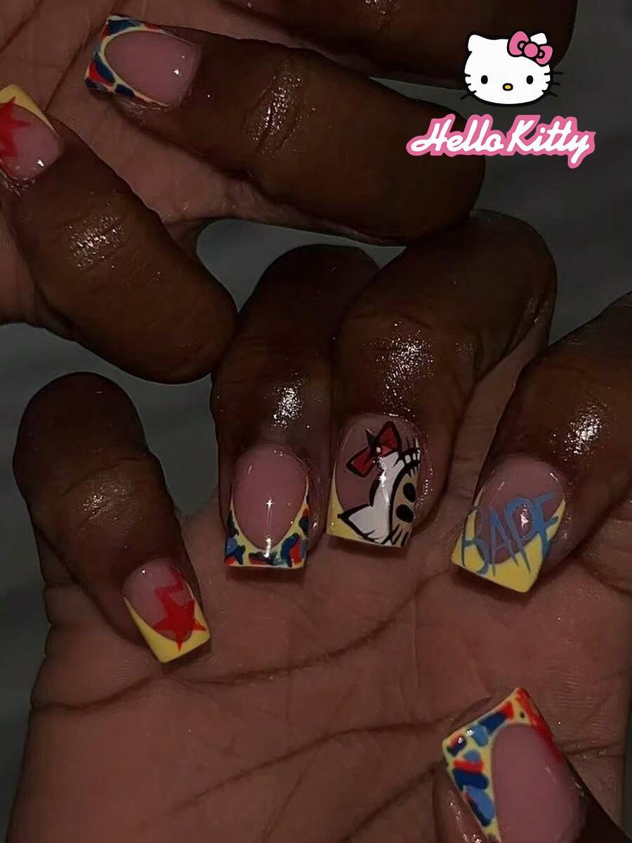 SANRIO 24片 Hello Kitty 中號方形 3D 凝膠豹紋與黃色法式美甲指甲貼,包含粉色 Hello Kitty、蝴蝶結、星星與愛心裝飾,適合女孩日常生活與派對使用,附 1 瓶膠水與 1 個指甲锉 - 彩色 - 查看 1