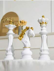 西洋棋國王皇后騎士雕像雕塑小雕像收藏品，居家辦公室桌面裝飾禮品 - 白色 - 查看 3