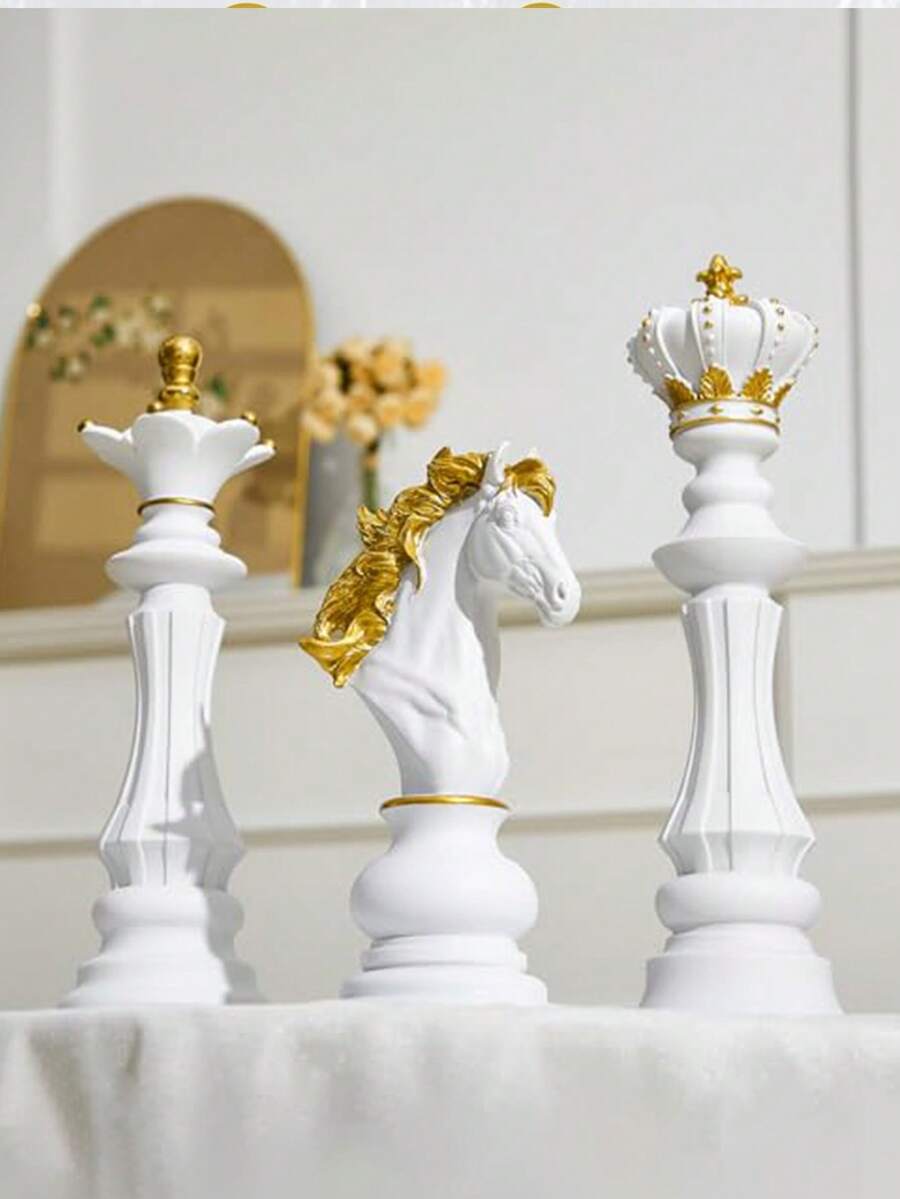 Chess King Queen Knight Statue Sculpture Figurine Collectible, Home Office Desktop Decor Gift - White - View 1