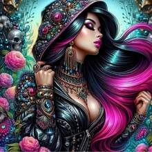 5D钻石画套装 DIY 热门无框“暗玫瑰：紫发女巫”钻石画套装，适合成人和初学者，圆形全钻钻石画，适用于家居卧室玄关书房浴室墙面装饰，节日礼物 - 查看 2
