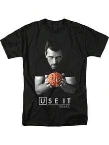 1 pièce de House M.D. T-shirt à thème pour homme grande taille - Motif graphique noir représentant le cerveau du Dr House et le texte 'USE IT', fabriqué en tissu 100%, col rond, coupe régulière avec une légère élasticité, confortable pour toutes les saisons, t-shirt décontracté pour les fans de la série télévisée. - Noir - Voir 6
