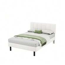 Upholstered Bed, Iron Legs, Slatted Base, Simple Design, 140 X 190 Cm, Mattress Not Included, Sherpa Fabric, Beige Color. - Beige - View 1