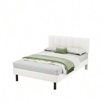 Upholstered Bed, Iron Legs, Slatted Base, Simple Design, 140 X 190 Cm, Mattress Not Included, Sherpa Fabric, Beige Color.