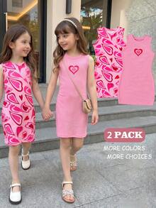 2pcs/Set Girls' Heart Print Sleeveless Ribbed Casual Dress, Outdoor - Pink - View 2
