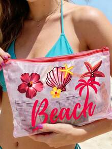 多色防水時尚網格沙灘包，印有「Beach」字樣的化妝包，羽毛花朵、朱槿、海星、貝殼和珍珠元素，大容量透明化妝包，尼龍拉鍊盥洗包，輕巧，可存放防曬霜、零食、比基尼和沙灘必需品，適合送給朋友、家人、閨蜜、同學的生日、節日、派對、婚禮（伴娘）、教師節禮物與紀念品，郵輪必備，夏季度假禮物 - 彩色 - 查看 2