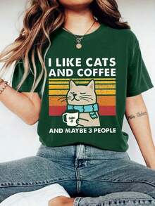 Camiseta de manga corta y cuello redondo para mujer de talla, adecuada para uso casual en primavera/verano, con exquisito estampado de gato, tela suave y cómoda - Verde Oscuro - Ver 5