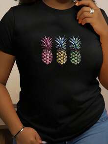 Gift | 1 Women's T-Shirt 100% Breathable Cotton | Short Sleeve T-Shirt With Vibrant Pineapple Print For Women - Casual Round Neck, Geometric Pattern, Fashionable Summer Top, Casual Summer Wear | Playful Print | Vibrant Graphic Tee - Ideal For Summer - 黑色 - 查看 6