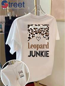Women's Vintage Double-Sided Print T-Shirt, Casual Summer Style With Round Neck And Short Sleeves, Fashionable Printed T-Shirt, With Leopard Print "Leopard" With Hearts And Letters, Loose And Slimming Cut, Sweet And Fresh Outfit For Fashionable Girls. - 白色 - 查看 12