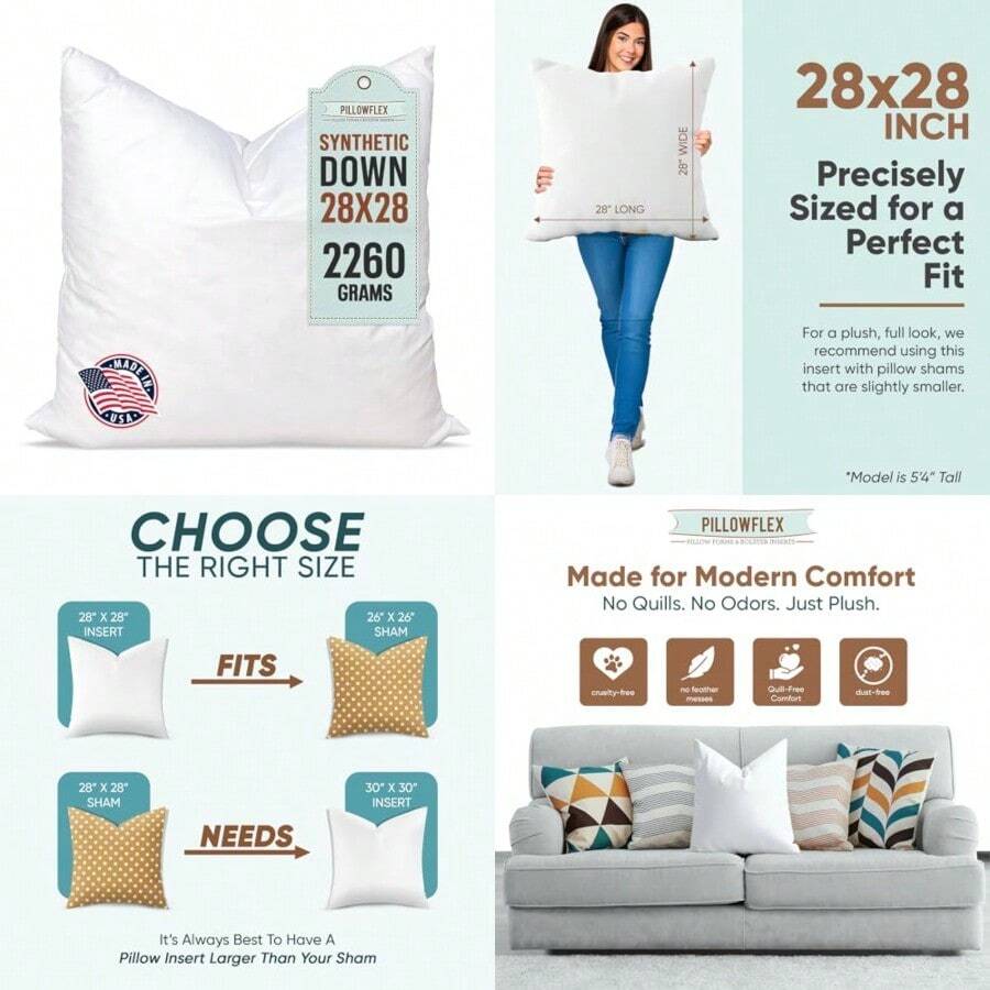 Pillowflex Synthetic Down Pillow Inserts for Shams Aka Faux/ Alternative 28 Inch by 28 Inch by Pillowflex - Blanco - Ver 1