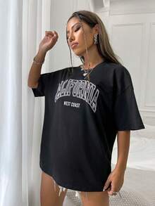 Camiseta gráfica con hombros caídos y estampado de letra para mujer camisetas para muje - Estilo III - Ver 4