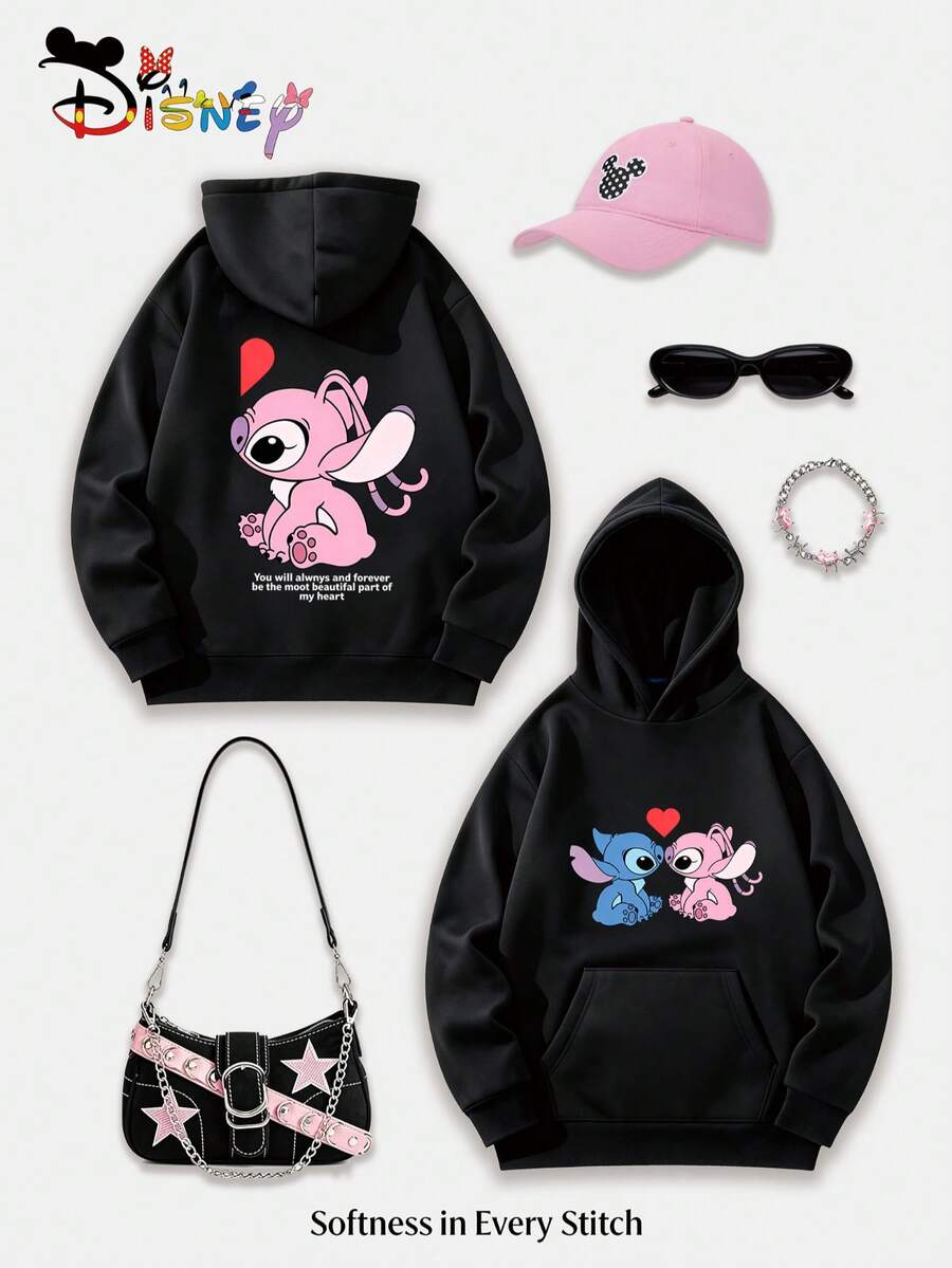 Disney Lilo & Stitch Y2K Printed Sweatshirt, Featuring A Fun Print Of Stitch And Angie's Couple Quotes. A Casual And Versatile Top, Perfect For Holiday Gifts. (Women's Autumn/Winter Clothing/Elegant Women's Outfits/Patterned Hoodies/Printed Tops/Casual Outfits For Women/Women Trending Now/Holiday Co-Ord/Plus Size Friendly) - màu đen - Xem 1