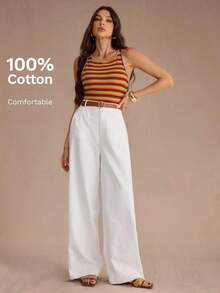 Tall Pantalones anchos de cintura alta con bolsillos, pantalones casuales de mujer 100% algodón blancos - Blanco - Ver 3