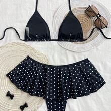 2pcs/Set Spring Break Women Beachwear Summer Outfits: Spaghetti Strap Polka Dot Print Top And Contrast Ruffle Trim Bikini Bottom Bikini Set Set - Blanco y Negro - Ver 5