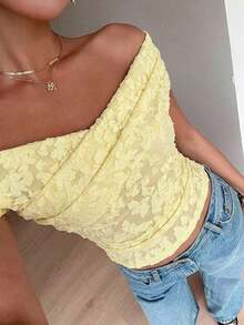 Nueva llegada Camiseta de moda ajustada con hombros descubiertos para mujer, primavera/verano - amarillo ganso - Ver 7