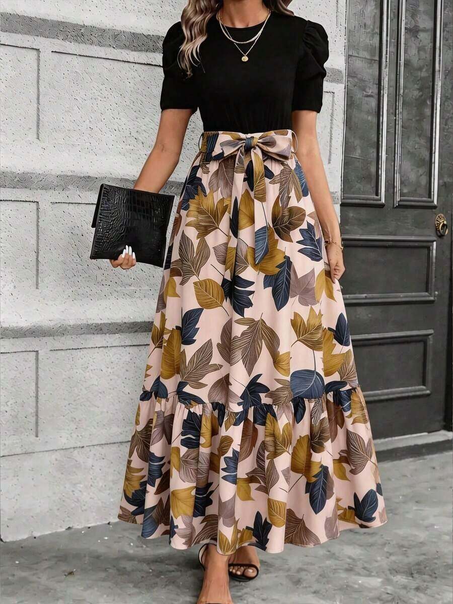 Vestido elegante de línea A con mangas abullonadas, decoración de lazo, diseño de bloques de color, cuello redondo, lavable a máquina, vestido casual para primavera/verano, adecuado para trabajo, fiesta, playa, vacaciones de lujo - Multicolor 5 - Ver 1