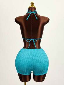 2 piezas Conjunto de bikini de unicolor con textura, tipo halter, adecuado para vacaciones de verano en la playa - Azul 2 - Ver 7