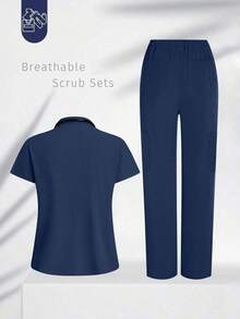 Conjunto de uniforme azul marino para mujer, hecho de tela de alta calidad y transpirable, adecuado para deportes, enfermería y trabajo, con bolsillos, perneras acampanadas, conjunto de uniforme de moda, adecuado para clínicas dentales, conjunto de unifor - Azul marino - Ver 2