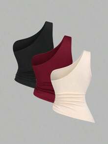 Conjunto de blusa con cuello asimétrico, un solo hombro y decoración de hebilla metálica, adecuado para vacaciones en la playa - Multicolor 5 - Ver 2