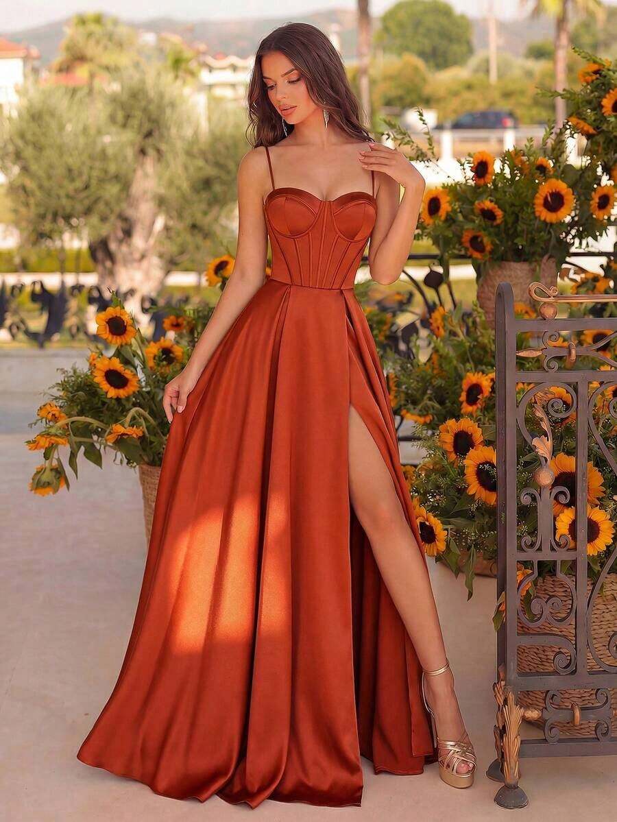 Vestido maxi de línea A con escote corazón, tirantes finos, cintura alta, abertura alta en la espalda y cruzado con lazo, unicolor elegante, adecuado para baile de graduación, invitada de boda, fiesta de bienvenida, cita, cena formal, fiesta de cumpleaños, fiesta de vacaciones en primavera - Naranja - Ver 1