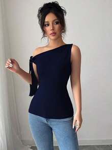 Camiseta ajustada elegante con cuello asimétrico y nudo de mujer de unicolor - Azul marino - Ver 4