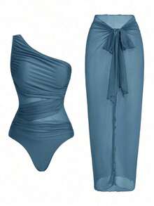 Traje de baño de una pieza de unicolor, asimétrico en el hombro, de moda para el verano y la playa, de estilo minimalista - Niebla azul - Ver 9