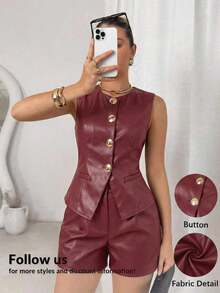 Conjunto de 2 piezas para mujer: Chaleco de metal de un solo pecho y shorts para el verano - Burdeos 2 - Ver 1