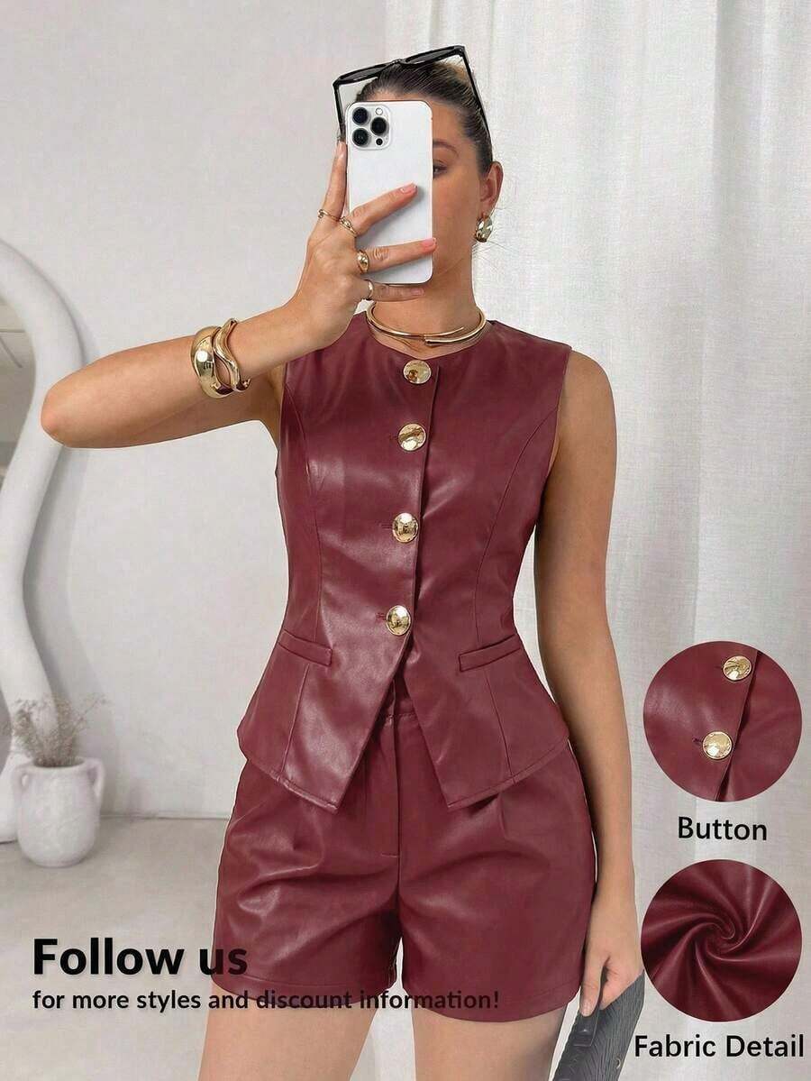 Conjunto de 2 piezas para mujer: Chaleco de metal de un solo pecho y shorts para el verano - Burdeos 2 - Ver 1