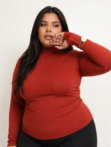 Basic Polyamide Blouse, Long Sleeves With Thumb Loops, High Neck. - Terra Cota - View 1