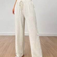 PETITE Solid Drawstring Waist Wide Leg Pants - Negro - Ver 4