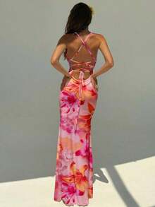 Vestido con estampado floral elegante y espalda descubierta para mujer - Blanco - Ver 8