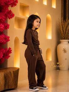 Conjunto de calça e croped infantil e juvenil frio inverno para lindas meninas - Marrom - Visão 6