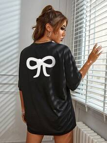 Camiseta Casual de Manga Corta para Mujer con Estampado de Mariposas - Corte Relajado, Cuello Redondo, Tela de Elasticidad Media, Comodidad para Todas las Temporadas, Silueta en H y Versátil para Atuendos Casuales, Camisetas para Damas, Ropa Cómoda, Cuello Redondo Elegante, Material No Transparente, Camiseta Y2k - Negro - Ver 4