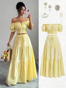 Nuevo conjunto de blusa con hombros descubiertos y mangas abultadas, con lazada en la cintura y falda acampanada. Conjunto casual, elegante, juvenil y versátil de 2 piezas que estiliza la figura para damas - Amarillo - Ver 4