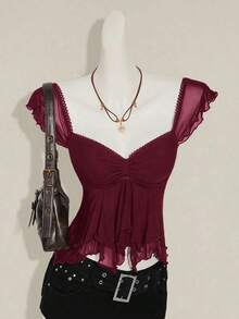 Top sin mangas con volantes, escote con pliegues, ajuste ceñido, parches de malla sexy, espalda con lazo, top casual de vacaciones - Burdeos - Ver 10